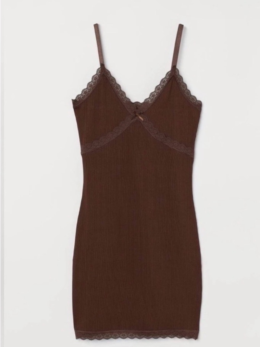 H&M Brown Ribbed Stretch Bodycon Lace Mini Dress Adjustable Y2K Size S Divided